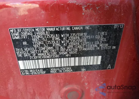 2013 Toyota Rav4 Limited из США, поврежденный, VIN 2T3DFREV8DW073580